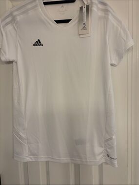 Adidas White V-Neck Performance Tee with Black Logo
